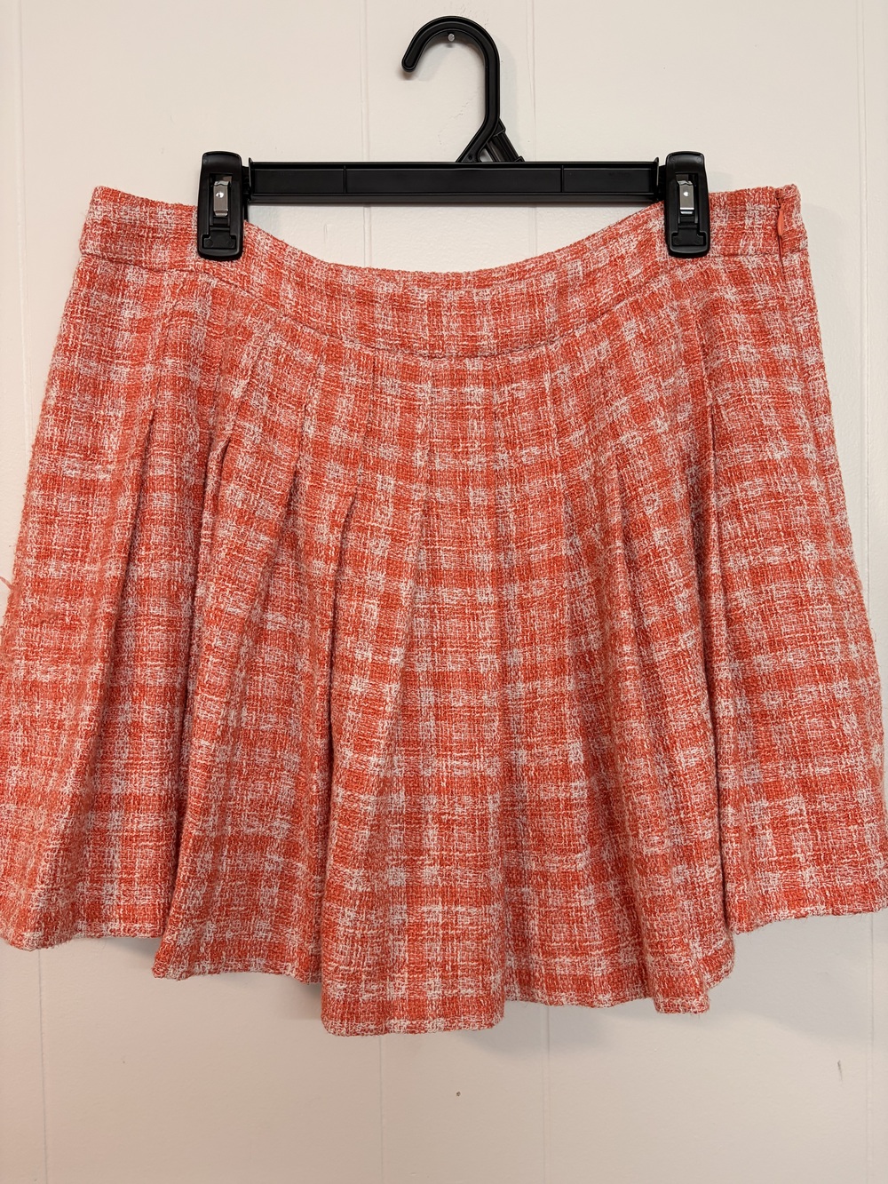 ZARA Women's Orange White Tweed Pleated Skater Mini Skirt Size XL Plaid Preppy